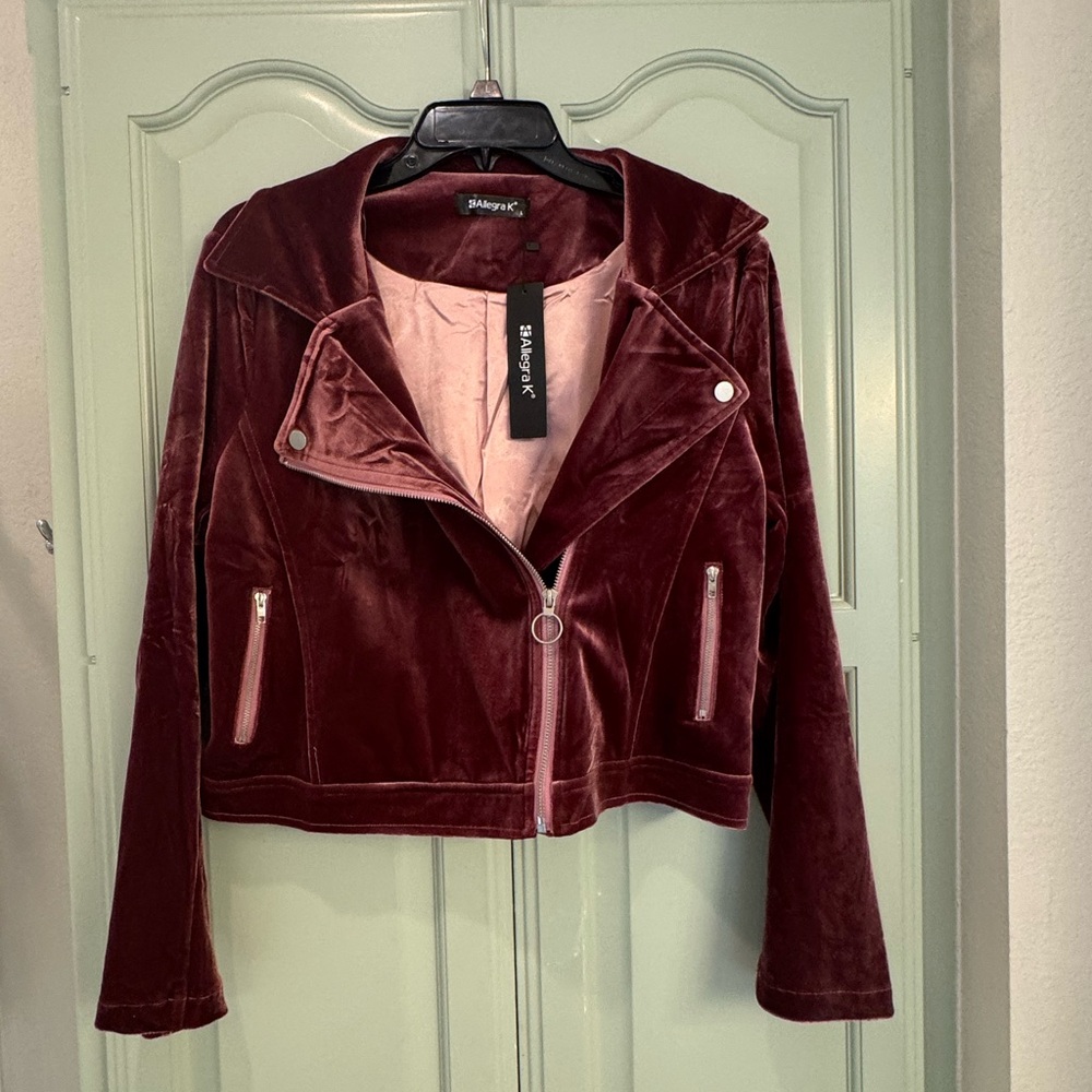 Allegra K Pink Velvet Bomber Jacket